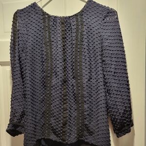 J Crew Lace trim swiss dot top Navy sz 8 #06687 Silk Cotton Blend blouse